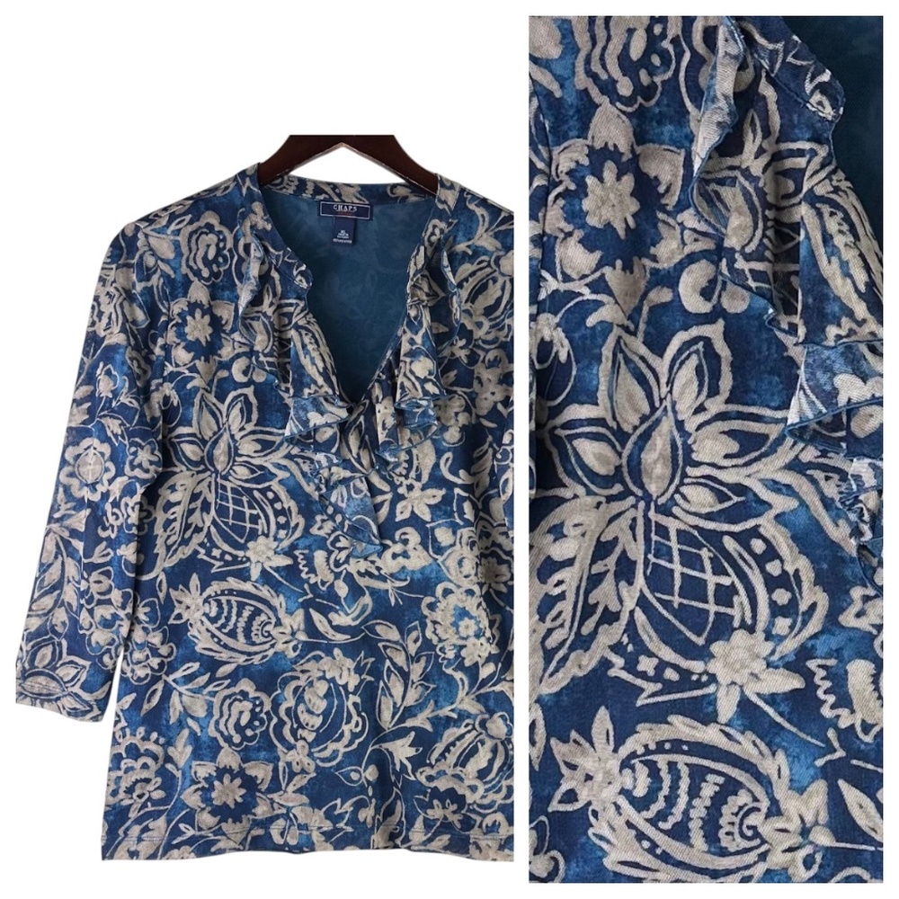 Ralph Lauren Chaps Sz XL 14 16 Shirt Top Blouse Floral Ruffle Blue Tan Silky